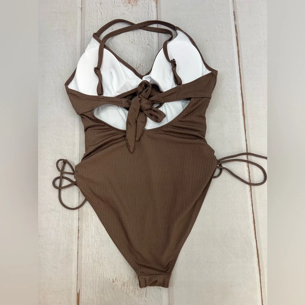 NWOT Ribbed One Piece Swimsuit Tummy Control High‎ Cut Bathing Suit Sexy V Neck